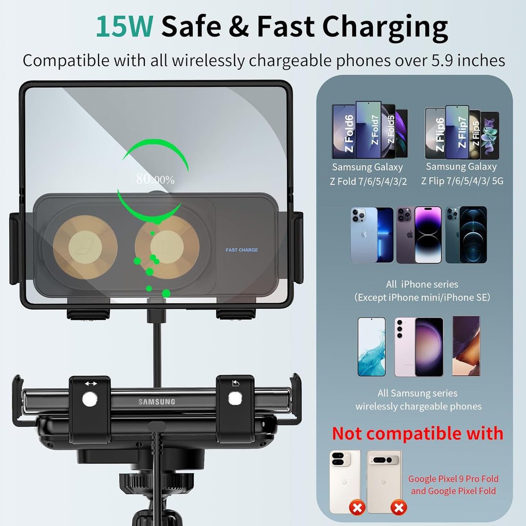 Wireless Car Charger Mount, 15W Dual Coil One-Touch Rotatable Car Phone Holder Wireless Charger for Samsung Galaxy Z Fold 7/6/5/4/3/2, Z Flip, S25/S24/S23/S22, Iphone, Car Charger Included