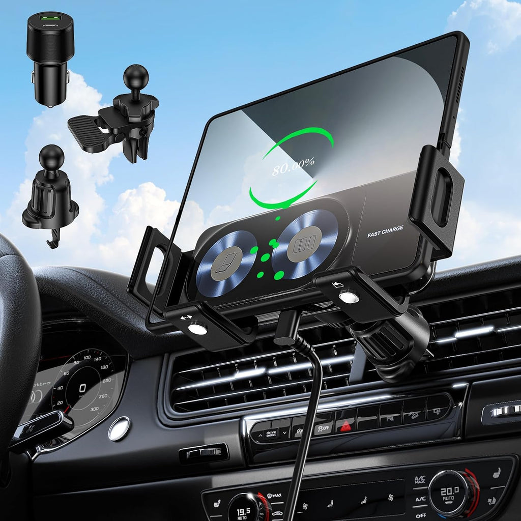 Wireless Car Charger Mount, 15W Dual Coil One-Touch Rotatable Car Phone Holder Wireless Charger for Samsung Galaxy Z Fold 7/6/5/4/3/2, Z Flip, S25/S24/S23/S22, Iphone, Car Charger Included